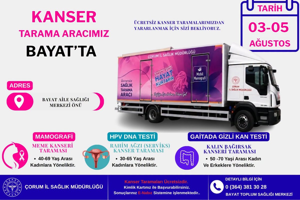 Mobil Kanser Tarama Aracı Bayat'ta Ücretsiz Hizmet Verecek