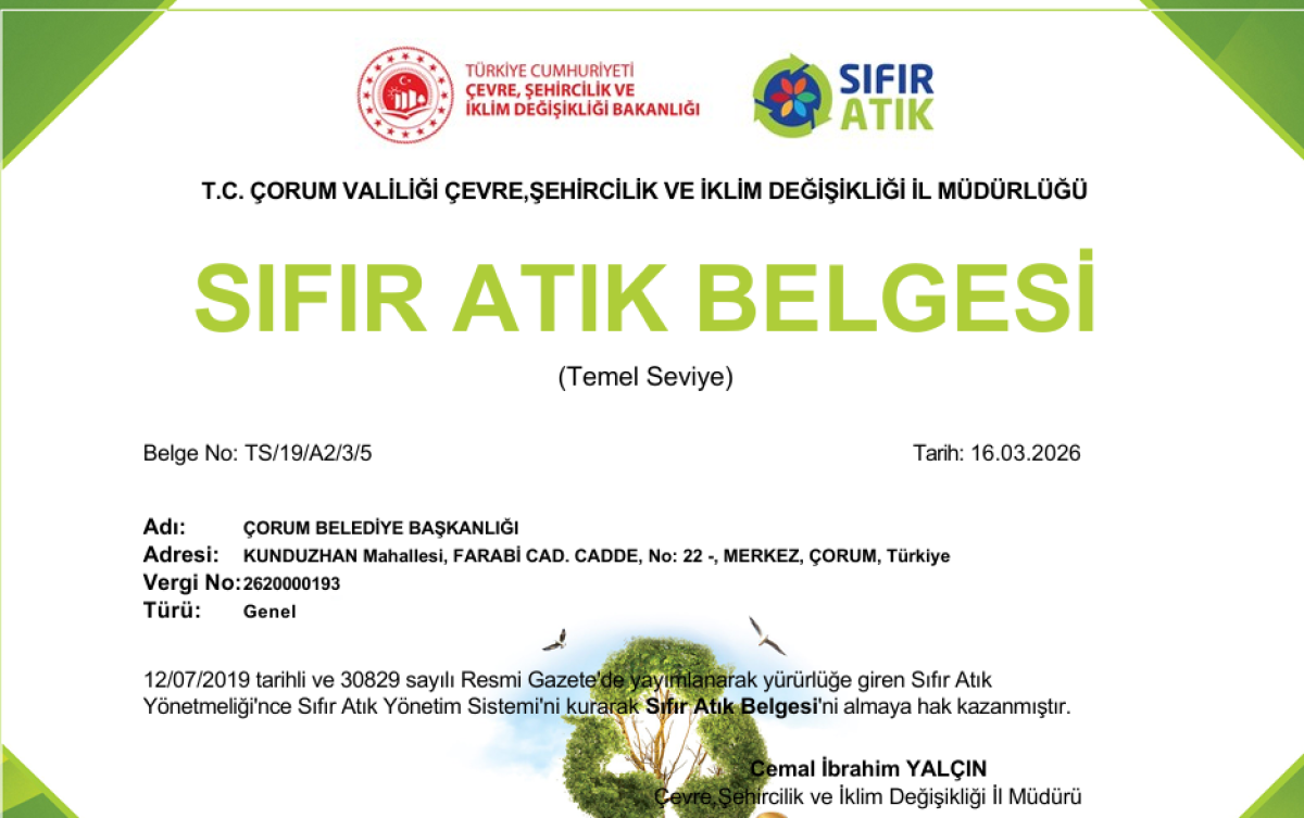 Çorum Belediyesi’ne “İl Sıfır Atık Belgesi”