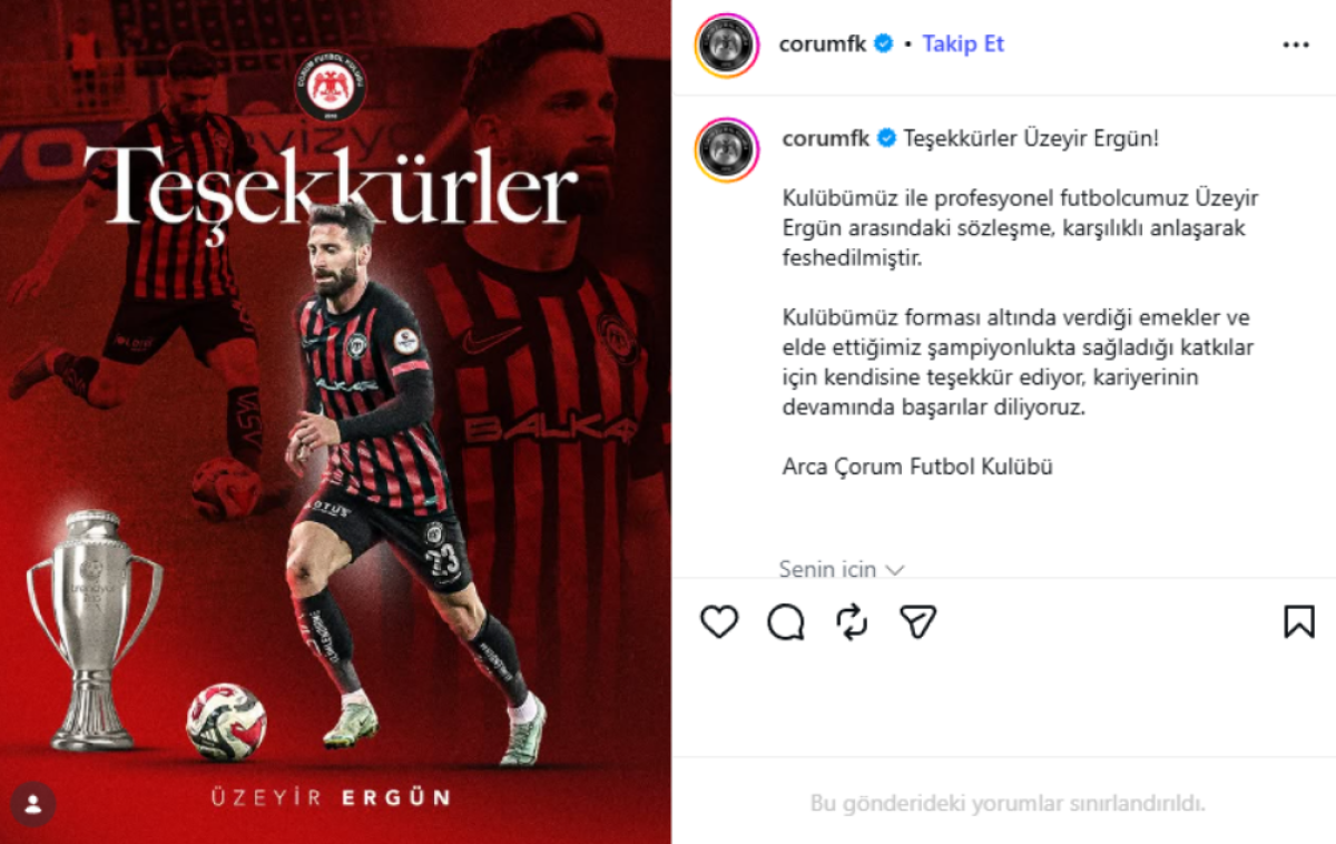 Arca Çorum Fk'da Bir Veda Daha: Üzeyir Ergün İle Yollar Ayrıldı